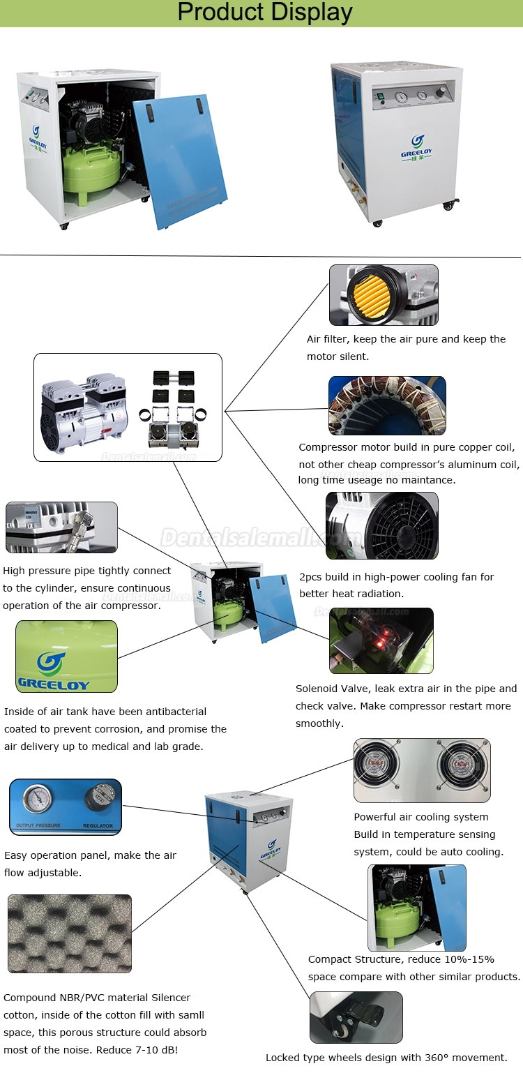 Greeloy® Oil Free Air Compressor GA-61X With Silent Cabinet